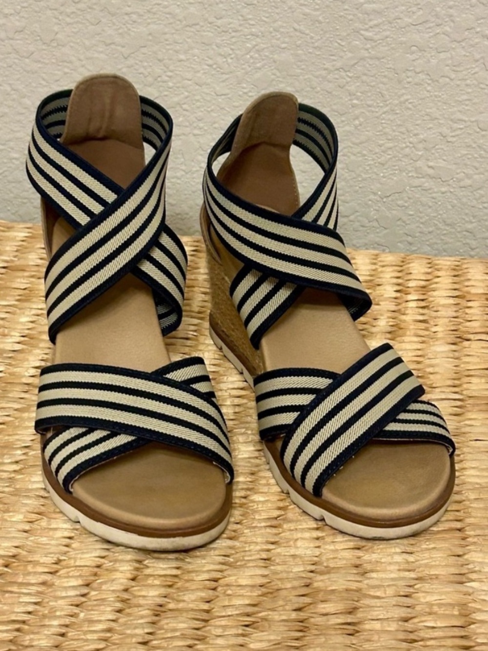 Mia Amore Striped Crisscross Wedge Sandals - Navy & Cream